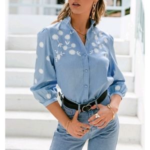 Bishop Sleeves Mock Neck Floral Blouse